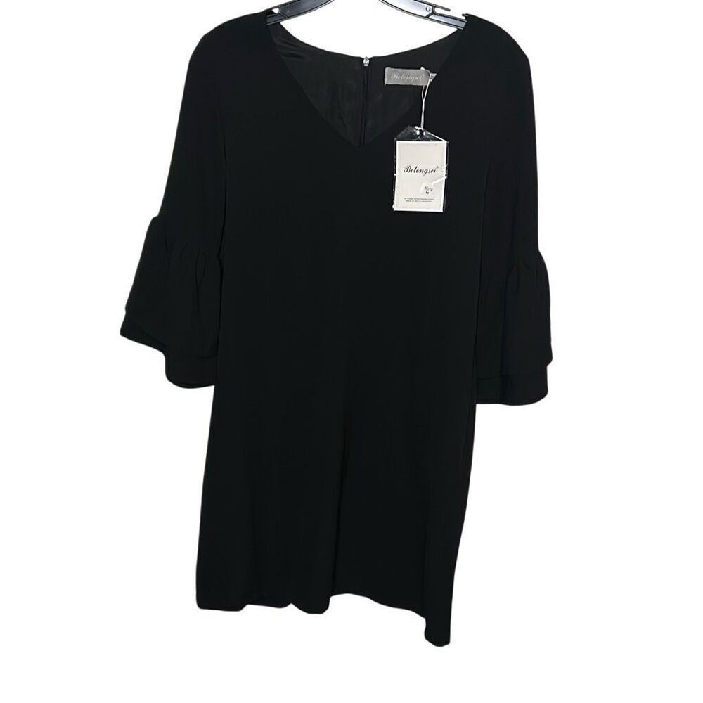 Belongsci Women's Size Medium V Neck Bell Sleeve Shift Dress Black Knee Length